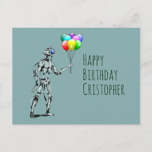 Robot with Balloons Birthday Postcard