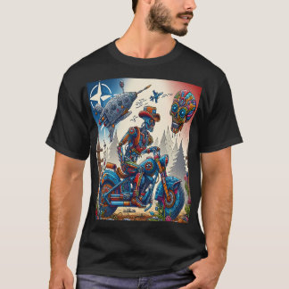 Robotic Cowboy on a Colorful Psychedelic Motorcycl T-Shirt