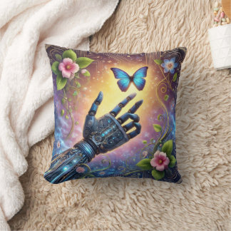 Robotic Hand & Butterfly AI Nature Harmony Cushion