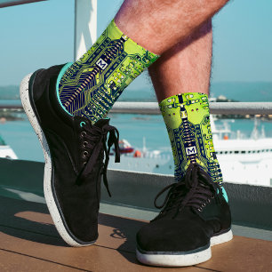  Robotic Printed Circuit Board Green Geek Monogram Socks