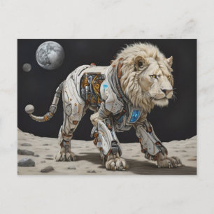 Robotic white lion on surfce of moon postcard