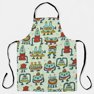 Robots Aliens Vintage Pattern Illustration Apron