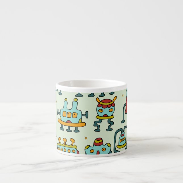 Robots Aliens Vintage Pattern Illustration Espresso Cup (Front)