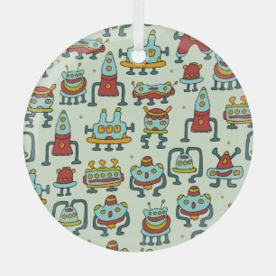 Robots Aliens Vintage Pattern Illustration Glass Tree Decoration