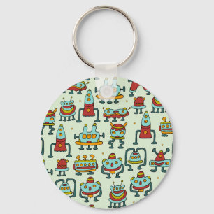 Robots Aliens Vintage Pattern Illustration Key Ring