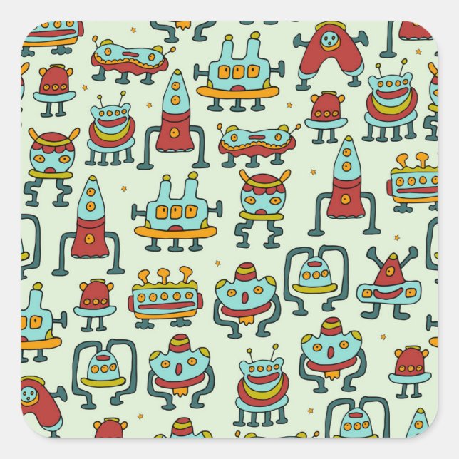Robots Aliens Vintage Pattern Illustration Square Sticker (Front)
