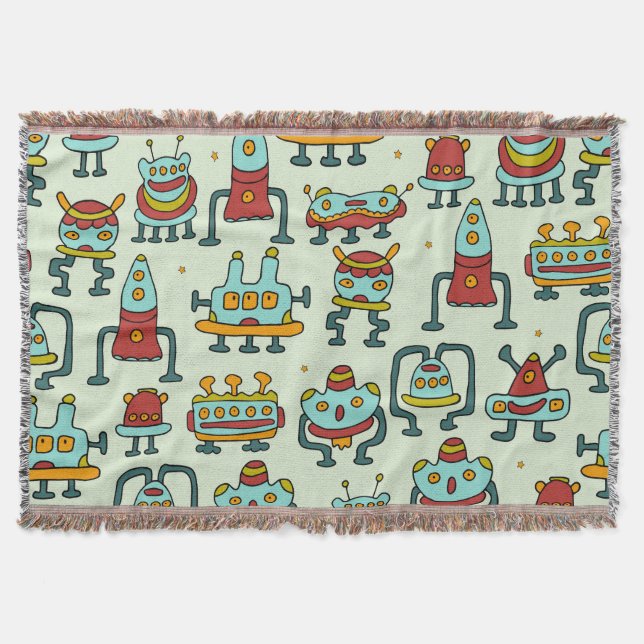 Robots Aliens Vintage Pattern Illustration Throw Blanket (Front)