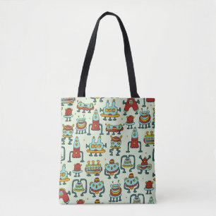 Robots Aliens Vintage Pattern Illustration Tote Bag