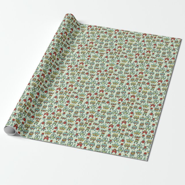 Robots Aliens Vintage Pattern Illustration Wrapping Paper (Unrolled)