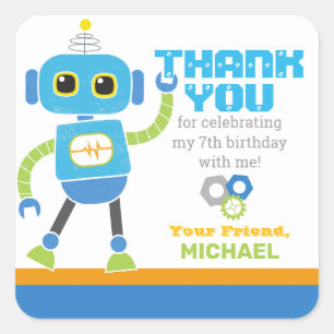 Robots and Bolts Blue and Green Birthday Favor Square Sticker