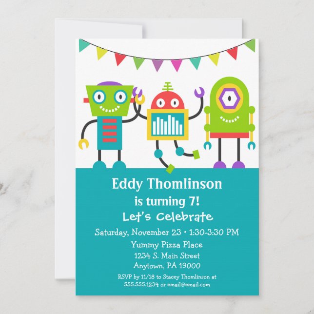 Robots Birthday Invitation Boys Colourful Robot (Front)