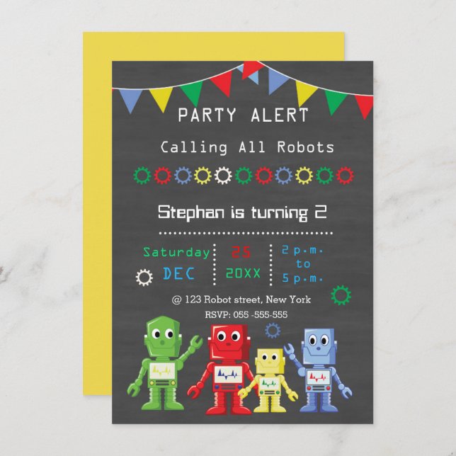 Robots Birthday party Invitations (Front/Back)