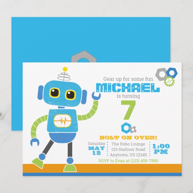 Robots & Bolts Blue and Green Birthday Invitation (Front/Back)