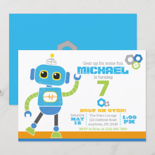 Robots & Bolts Blue and Green Birthday Invitation