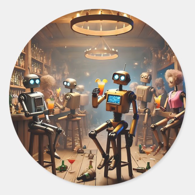 robots having fun in a bar classic round sticker (Front)