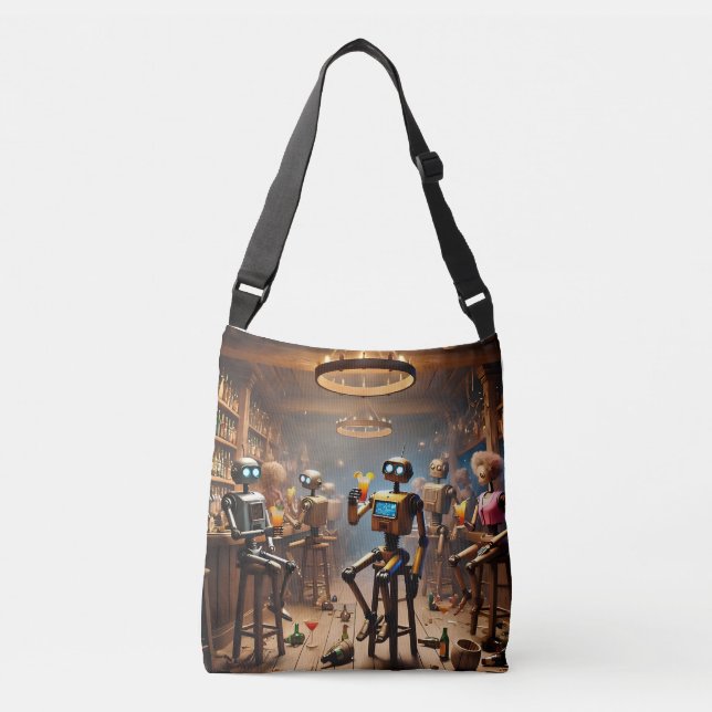 robots having fun in a bar crossbody bag (Front)