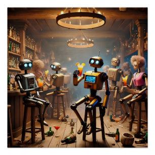robots having fun in a bar poster