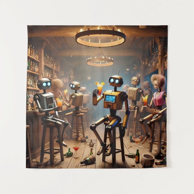 robots having fun in a bar tapestry (Front)