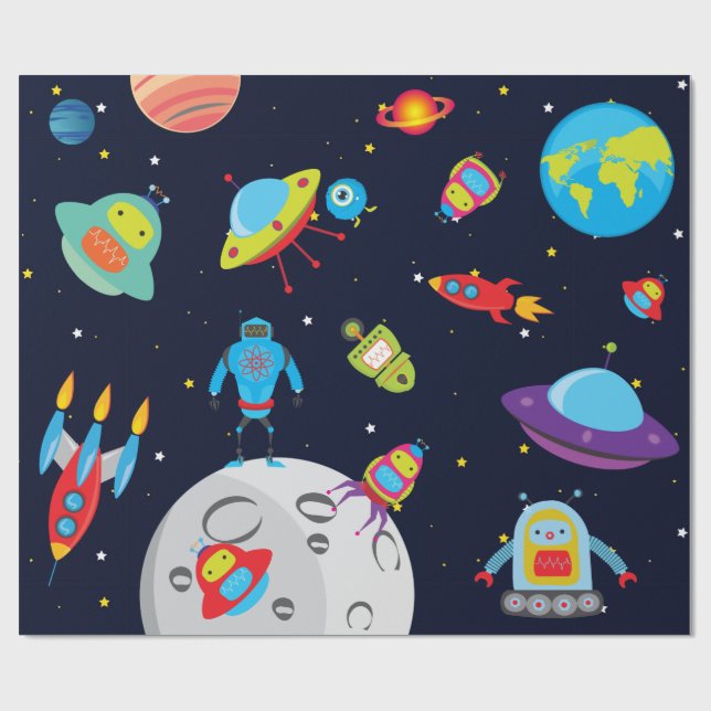 Robots in Outer Space (Large Image) Wrapping Paper (Flat)