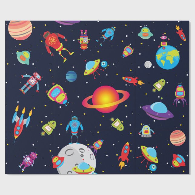 Robots in Outer Space (Med. Images) Wrapping Paper (Flat)