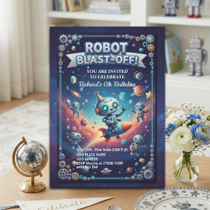 Robots in Space 6th Birthday Party Invitation