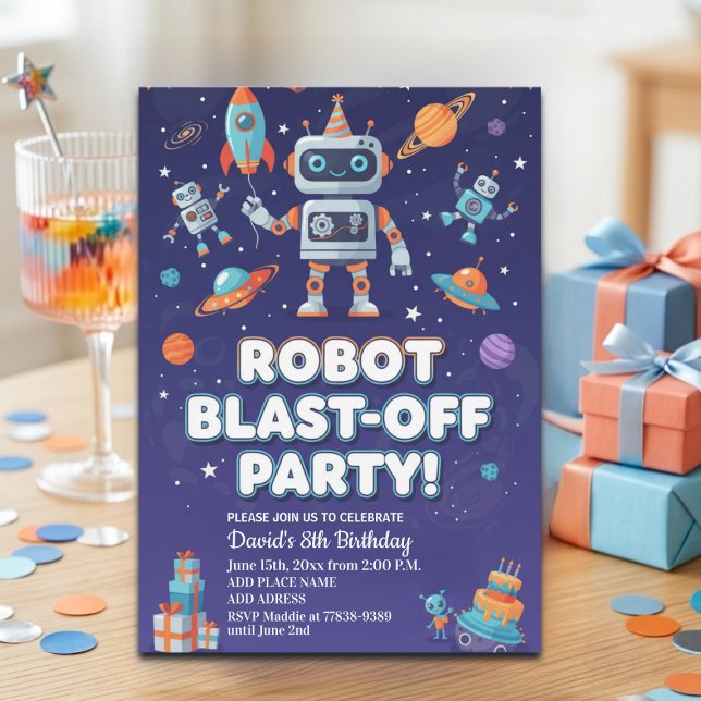 Robots in Space 8th Birthday Party Invitation (Creator Uploaded)
