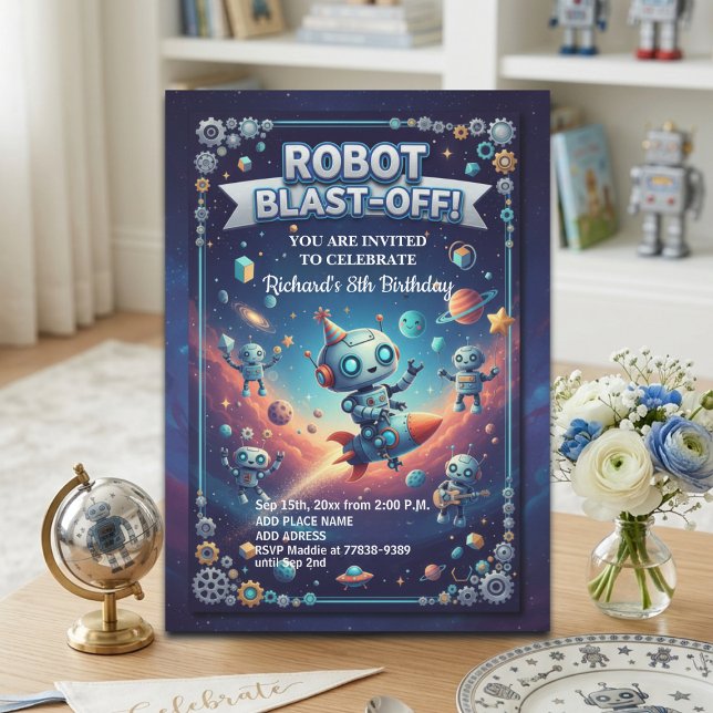 Robots in Space 8th Birthday Party Invitation (Creator Uploaded)