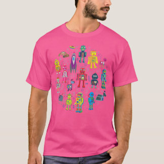 Robots In Space - Black - Fun Pattern By Cecca Des T-Shirt