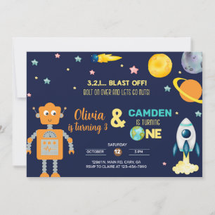 Robots & outer space rocket siblings invitation. invitation