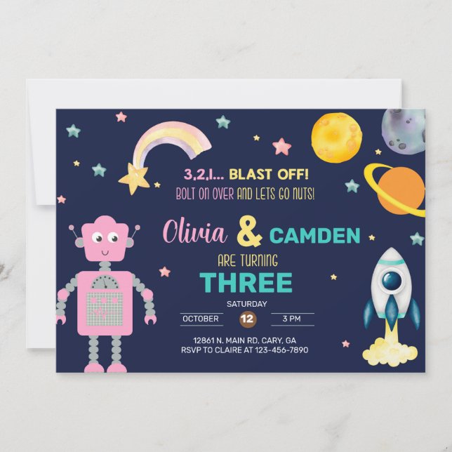 Robots & outer space rocket siblings invitation. invitation (Front)