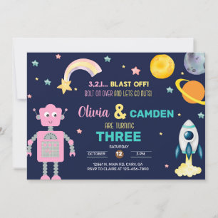 Robots & outer space rocket siblings invitation. invitation