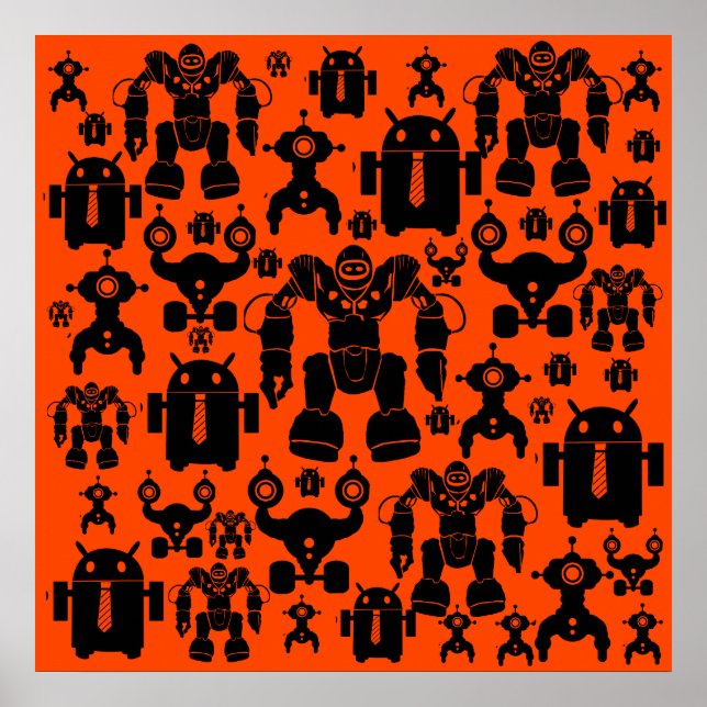 Robots Rule Fun Robot Silhouettes Orange Robotics Poster (Front)