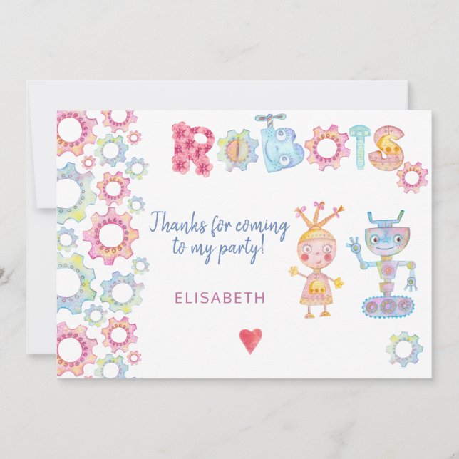 Robots themed birthday kids party cute thank you (Front)