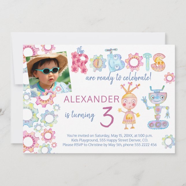 Robots themed birthday kids party photo invitation (Front)