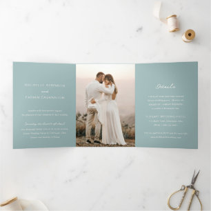 Rochelle Aqua Modern Contemporary Elegant Wedding Tri-Fold Invitation
