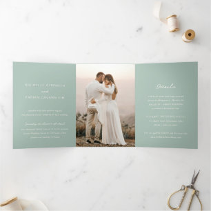 Rochelle Green Modern Contemporary Elegant Wedding Tri-Fold Invitation