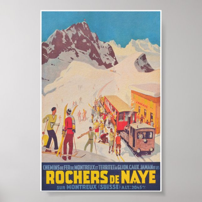 Rochers de Naye Switzerland Vintage Ski Travel Poster (Front)