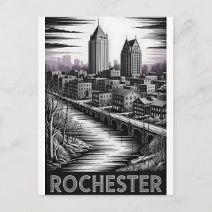 Rochester New York Skyline Black White Woodcut Holiday Postcard