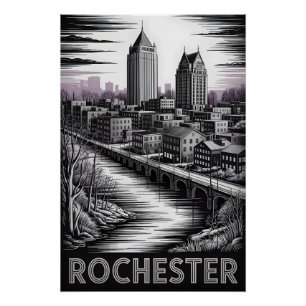 Rochester New York Skyline Black White Woodcut Poster