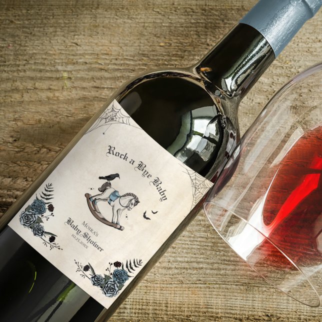 Rock a Bye Baby Gothic Baby Shower Wine Label (Elegant Floral Gothic Baby Shower Wine Label. Blue Roses, Victorian Rocking Horse, Spiderwebs, Bats.)