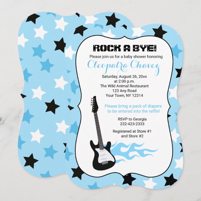 Rock a Bye Blue Rock Star Guitar Baby Shower Invitation (Front/Back)