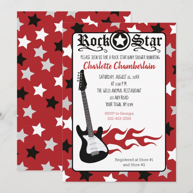 Rock a Bye Red Rock Star Guitar Baby Shower Invitation (Front/Back)