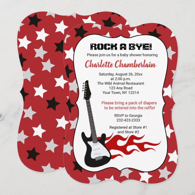 Rock a Bye Red Rock Star Guitar Baby Shower Invitation (Front/Back)