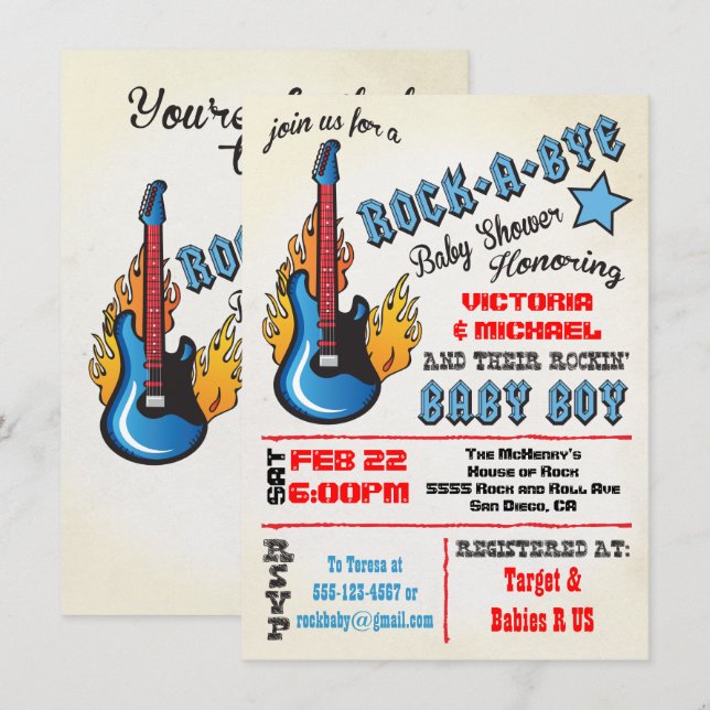 Rock a bye rockstar baby shower Invitations (Front/Back)