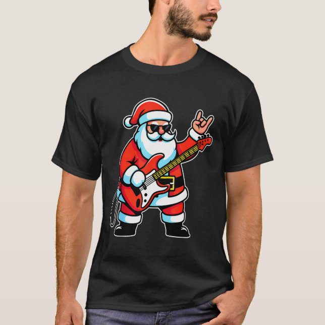Rock &amp; Roll Christmas Santa Claus Guitar Playe T-Shirt (Front)