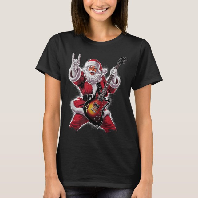 Rock &amp; Roll Christmas Santa Claus Guitar Playe T-Shirt (Front)