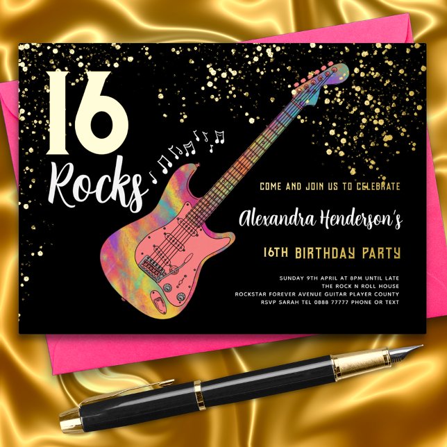 Rock and Roll 16th Birthday Party (Rock and roll 16th birthday party black and gold invitation with cool pink electric guitar)