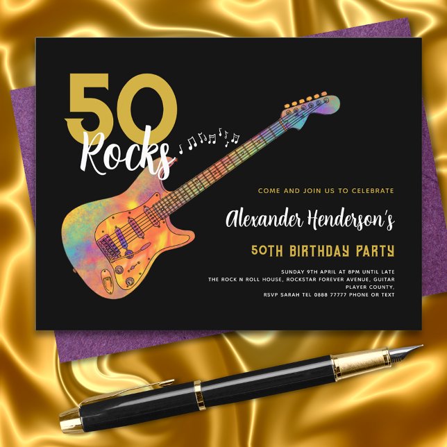 Rock and Roll 50th Birthday Party 50 Rocks Invitation Postcard (50 rocks gold and black funky guitar music 50th birthday party invitation postcard)