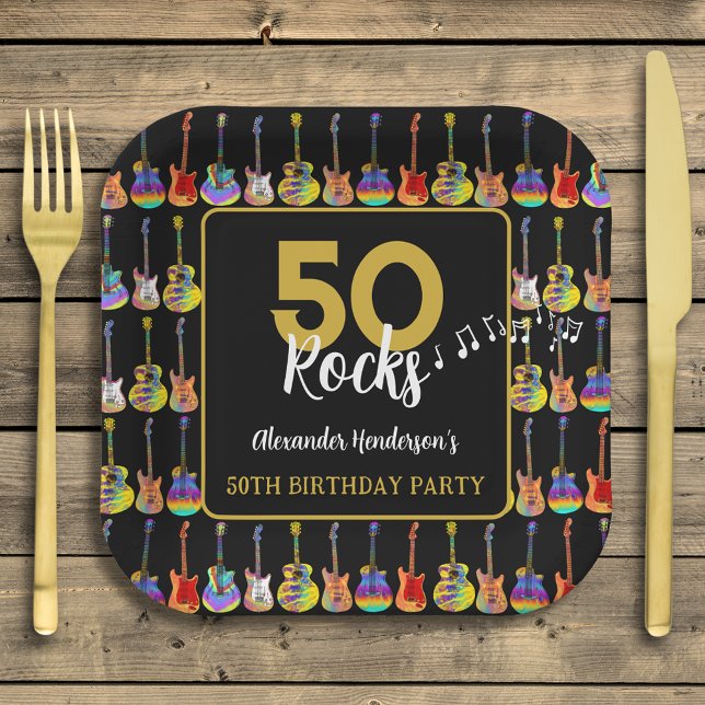 Rock and Roll 50th Birthday Party Custom Paper Plate (Guitar 50th birthday party custom black and gold paper plates)