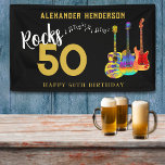 Rock and Roll 50th Birthday Party for him Banner<br><div class="desc">50 Rocks 50th birthday party guitar music personalised banner with three cool watercolor guitar designs on black background. An electric guitar with Fire flame pattern and red pick guard, a multicolored semi acoustic guitar and a psychedelic classic acoustic guitar art illustration with personalised black and gold modern cool typography. This...</div>